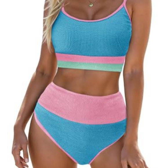 Blue and Pink Color Block Bikini Set, High Waisted, New, Size S - Picture 3 of 3